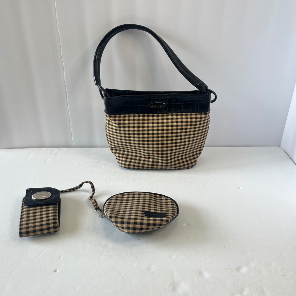 Longaberger‎ Gingham Check Shoulder Bag Set with Pouch and Holster Black Tan